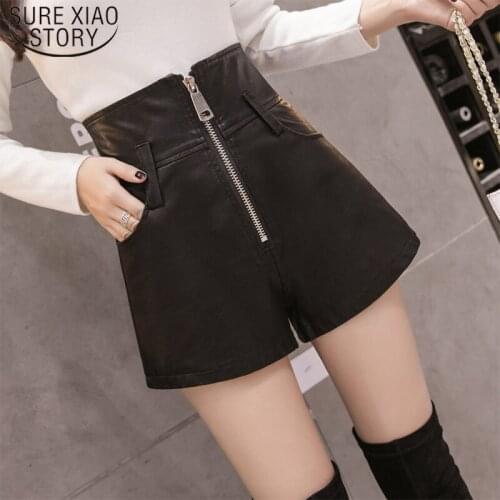 2021 Spring Black Sexy PU Leather Shorts Casual Fashion New Autumn Winter shorts High Waist Plus Size Pocket trousers 7747