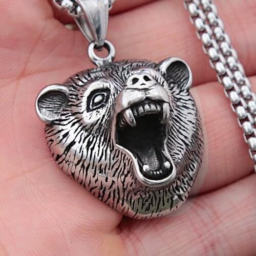 Vintage Stainless Steel Slavic Bear Pendant Necklace Nordic Viking Animal Bear Head Totem Amulet Necklace Men Women Jewelry Gift