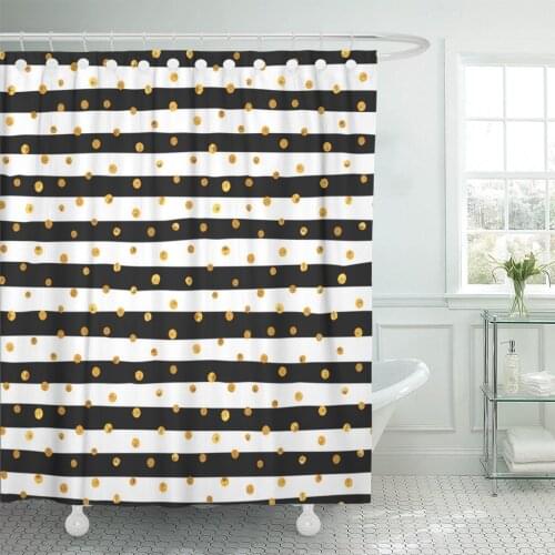 Shower Curtain Christmas of Random Gold Dots on Trendy White and Black Stripes Elegant Pattern for Strip Waterproof Polyester