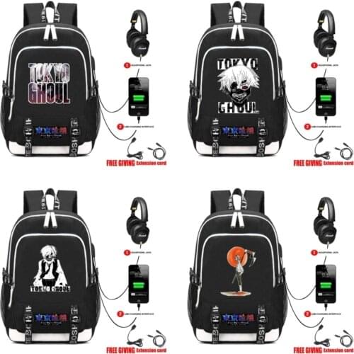 USB Charging Headphone jack Student School Backpack Teenagers travel laptop bag otaku anime Tokyo Ghoul Canvas Backpack 14 style
