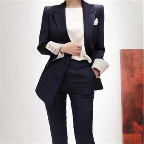 Fashion suit suit female autumn New Casual blue striped blazer + pants two-piece OL suit women