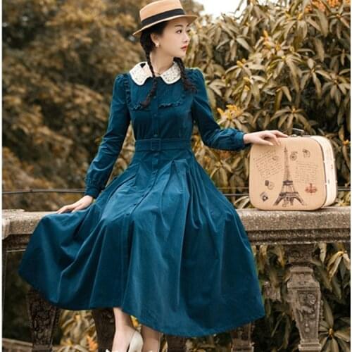 2017 Autumn Winter Women dress Vintage Retro Peter Pan Collar Elegant Long Sleeve Belt Midi Dresses Tunic Vestidos