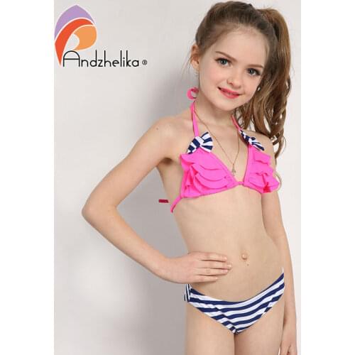 Andzhelika 2021 New Bikinis Set Childrens Swimsuit Cute Bow Solid Striped Bottom Girls Swimwear Swimming Suit 10-16 Year Old