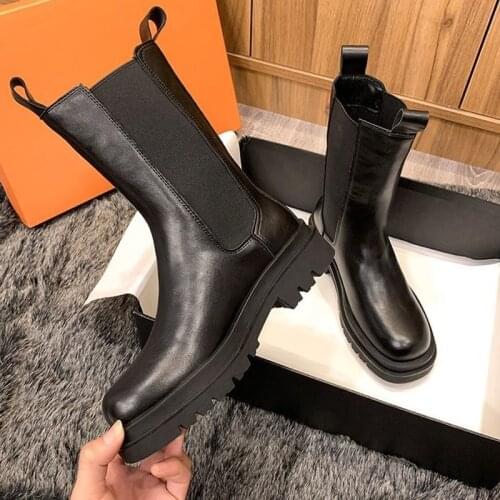 Mid Calf Boots Leather Boots for Women Platform Chelsea Boot Spring Cowhide Booties Fashion Female Thick Bottom Black Bootie