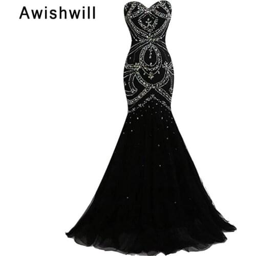 Elegant Long Evening Dresses Black Mermaid Prom Dress With Beads Tulle Lace-up Back Women Formal Party Dress Evening Gowns