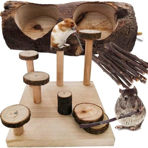 Hamster Wood Playground Toy Apple Wood Chewing Toys Chinchilla Steps Stairs Climbing Toys With Feeder for Small Animals