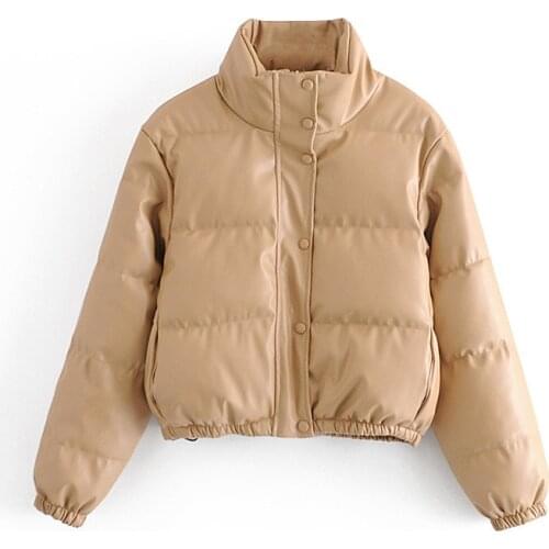 Winter Short Solid Padded Faux Leather Jackets for Women Stand Collar Female Pu Leather Coat with Zipper Ladies Thick Jackets