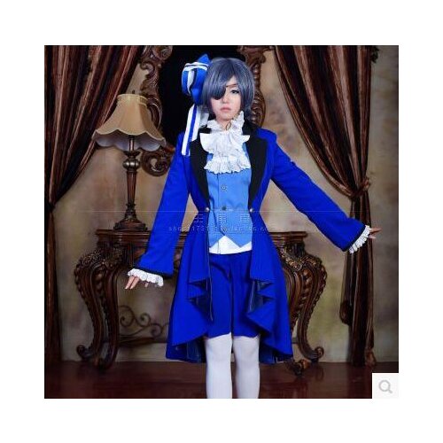 New Cos Ciel Phantomhive Cosplay Black Butler Halloween Young Master Birthday Blue Dress Full Set 7in1(Top+Pant+Coat+Tie+Goggles
