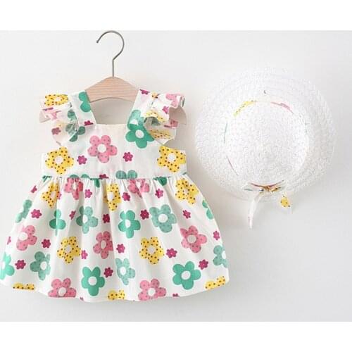 Girl Summer Clothes 2021 Kids Dresses Floral Sleeveless Backless Princess First Birthday Baby Costume With Hat