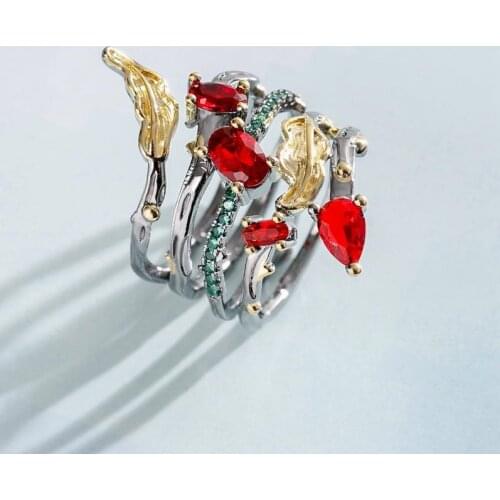 Hot Sale Multilayer Feather Leaves Purple Zirconia Women Copper Ring Black Gold Two-Tone For Engagement Party Jewelry