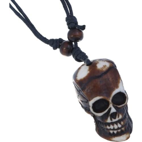 Fashion Punk Men Gothic Skull Necklace Retro Yak Bone Carved Skeleton Pendant Statement Adjustable Long Chain Women Rock Jewelry