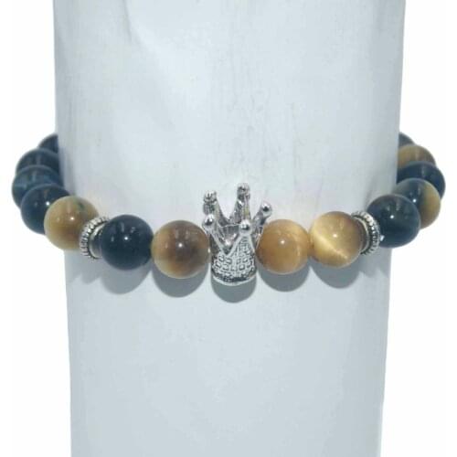 8 MM Fashion Silvery Crown Charm Bracelet Men Womens Lapis lazuli Amethysts Agates Tiger Eye Stone Beads Yoga Bracelet Jewelry