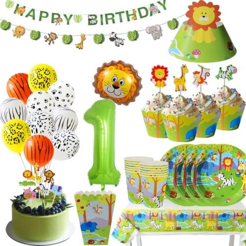 Birthday Party Jungle Animals Disposable Tableware Paper Cups Plate Foil 1 age Balloon Boys Birthday Deco Pull Flags