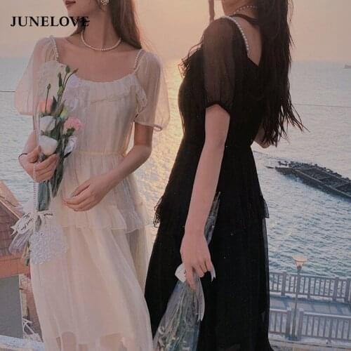 JuneLove Elegant Midi Dress Women Short Sleeve Casual Beach One Piece Dress Fairy Vintage Party Strap Dress Female 2021 Summer