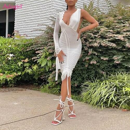 Adogirl Women Sexy Sheer Mesh Midi Dress Plunge V Neck One Shoulder Long Sleeve Drawstring Lace Up Skinny Club Party Vestidos