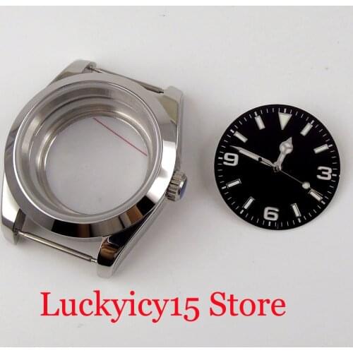 Polished 39mm Automatic Men Watch Case for 24 Jewels NH35 Screw Crown Sapphire Glass Black Dial Luminous Marks