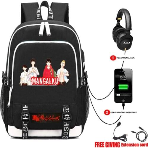 Anime Tokyo Revengers backpack USB charging Headphone jack Students bookbag Men Teenage Laptop backpack travel bag