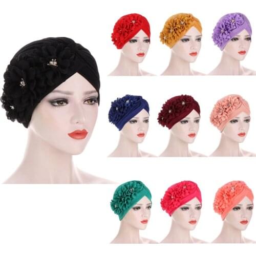 Women India Hat Pleated Muslim Hijabs Turban Flower Ruffle Beanies Skullies Bonnet Chemo Cancer Cap Islamic Head Cover Fashion