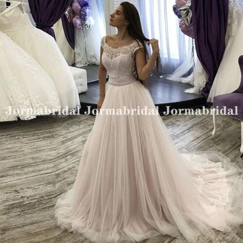 Fascinating Blush Pink Tulle Wedding Dresses With Bow Belt 2021 Cap Sleeves Lace Bridal Gowns Corset Backless Vestidos de Noiva
