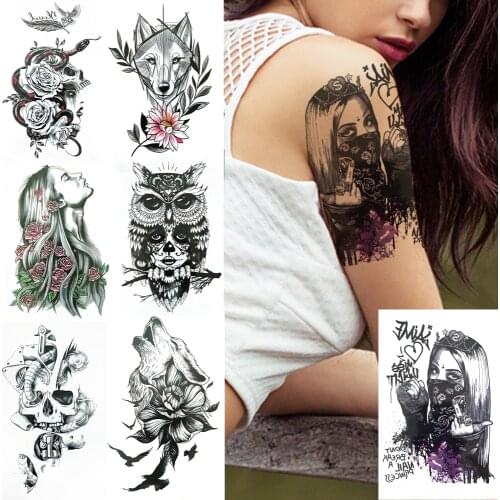 Masked Women Fake Temporary Tattoos For Women Men DIY Harajuku Rose Flower Tattoo Waist Black Owl Wolf Waterproof Tatoo Skeleton