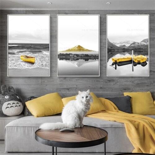 Yellow Boat on Lake Mountain Landscape Wall Art Canvas Painting Poster Print Pictures for Living Room Home Interior Decoration