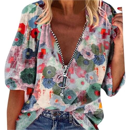 Summer 2021 Tshirt Ladies Oversized zipper Long sleeve Graphic Tee Korean Floral Print Pullover Tops Comfy Street V-Neck T shirt