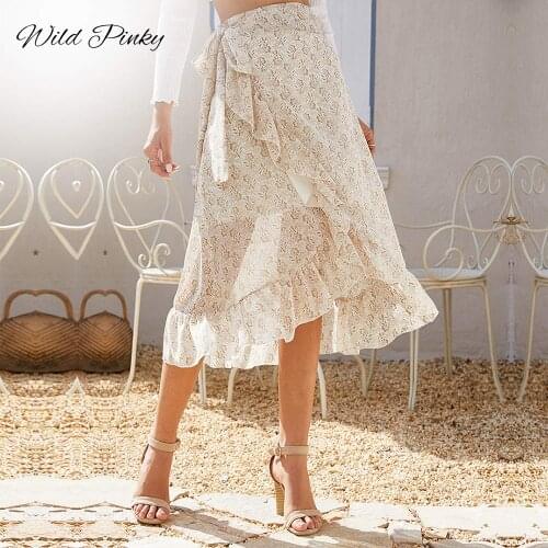 WildPinky Irregular Floral Print Ruffles Midi Skirt Women Chiffon High Waist Split Skirts Summer 2021 Elegant Female Bottoms