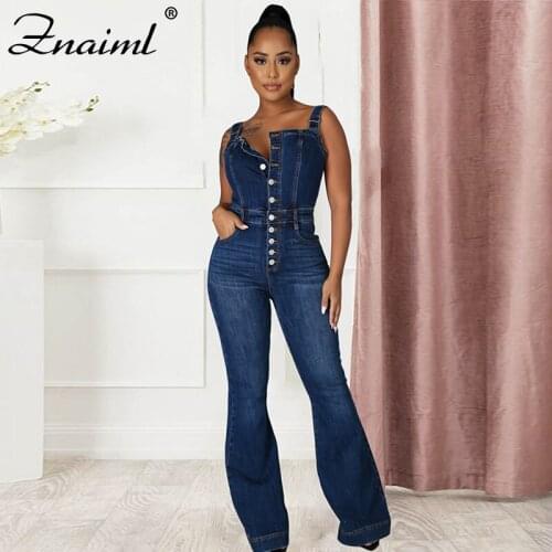 Znaiml New Denim Jumpsuit Women Single-breasted Bodycon Rompers Casual Wrap Chest Spaghetti Strap Flare Overall Streetwear Pants