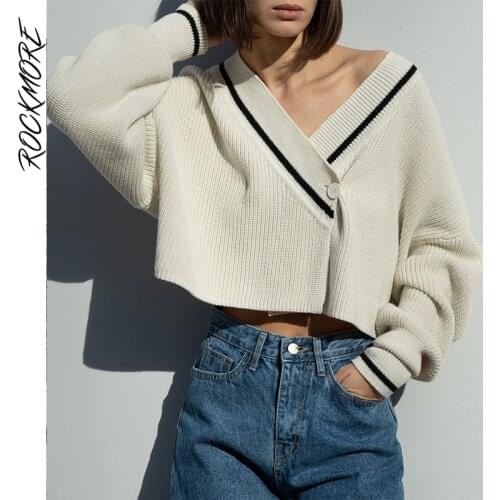 Rockmore Strip Cropped Sweater Cardigans Autumn Single Button Knitwear Women Streetwear Outerwear Casual Loose Knit V Neck Tops