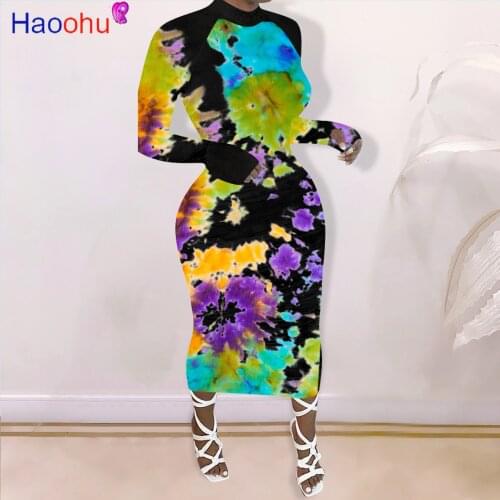 HAOOHU Women Tie Dye Galaxy Print Long Sleeve Bodycon Midi Dress Sexy Bandage Party Night Club Long Pencil Dresses Vestido