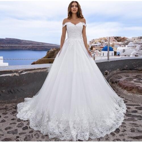 2021 Off the Shoulder A-line Wedding Dresses Sweetheart Lace Applique Bridal Wedding Gowns For Women Court Train
