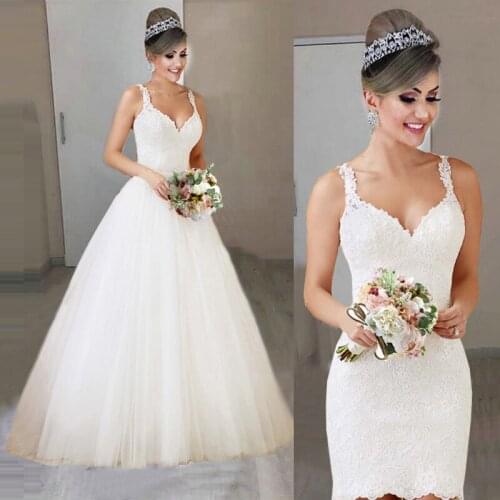 2020 New Detachable Train Wedding Dress Princess Elegant Lace Appliques Vestido De Noiva 2 in 1 Ball Gown Bridal Gowns