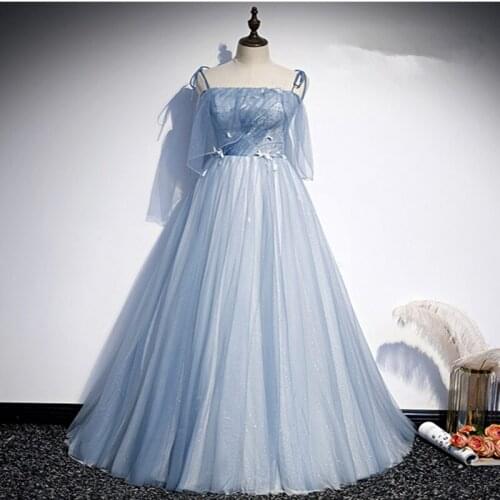 Vestido De Festa Boat Neck A-Line Evening Dress Robe De Soiree New Fashion Light Blue Evening Dresses Long Dress Formal Dress