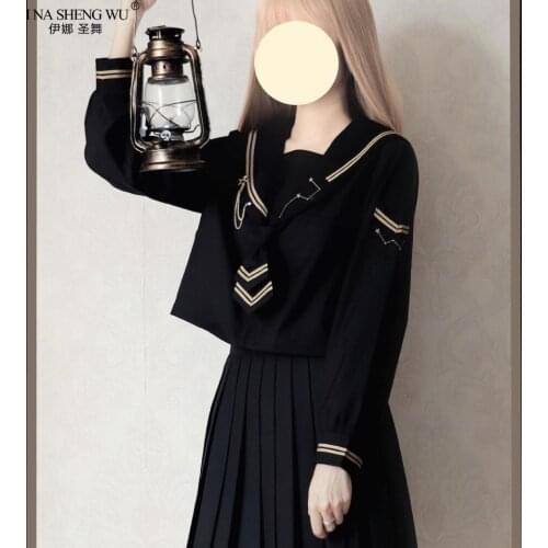 2020 Autumn Japanese School JK Uniforms For Girls Cute Black Long Sailor Tops Pleated Skirt Full Sets Cosplay JK Costume Series