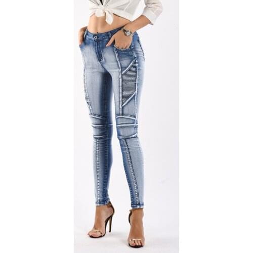 2021 New Womens light white blue bleached skinny biker jeans Fashion spliced pleated stretch denim pencil pants