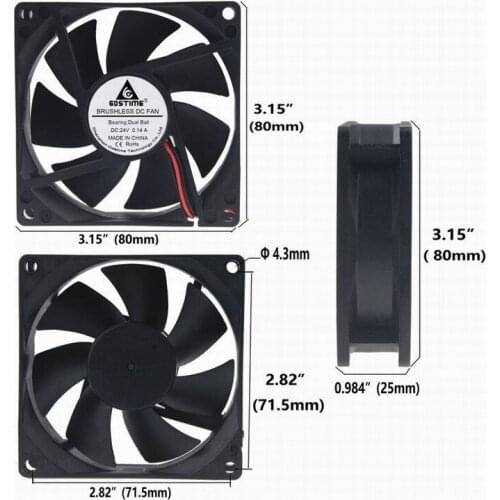 Gdstime 5 Pieces 8025 Heatsink Brushless DC Cooling Fan 80*80*25mm 24V Two Ball 80mm x 25mm 8cm 2PinPC Motor Cooler 24 Volts
