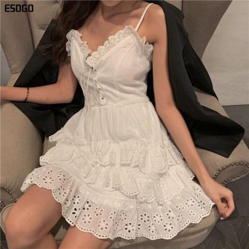 White Elegant Ruffle Hollow out Party Dresses Black Lace up Layer High Waist Casual Dress Strap Peplum Summer V neck Dresses
