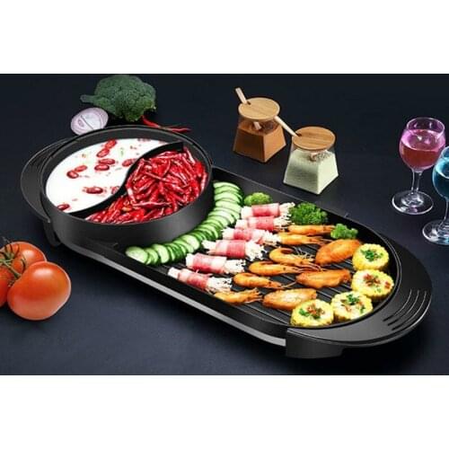 Big 2in1 Smokeless Electric Barbecue Grill Double-flavor Hot Pot Indoor Grill Baking Pan Kebab Grill Hotpot Flat Griddle Cooking