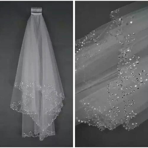 White ivory Beaded Eage Bridal Veil Short Two Layers Veil Bridal Wedding Hair Accessories With Comb New Design 2019 Bling Bling
