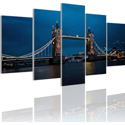 Night at the Tower Bridge 5 Panels HD Canvas Painting Posters Wall Art Print Pictures Living Room Interior Home Decoration Frame