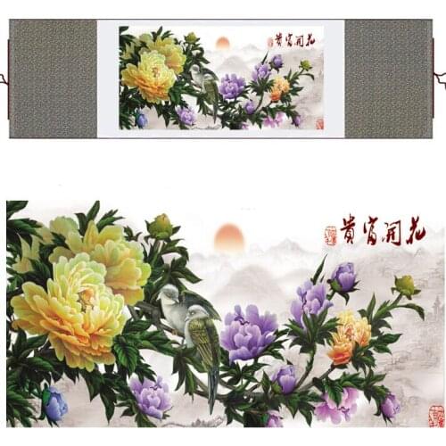 Chinese traditional art painting birds in the water silk scroll painting Blossoming painting Mudan paintingPrinted painting