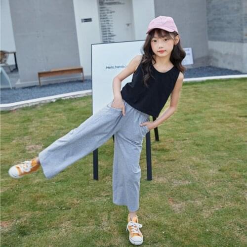 Girls Summer Clothing Set 2020 Teen Girls New Leisure Vest Shirt and Wide Leg Pants Set Kids Girls Cotton Two Piece Set, #8827