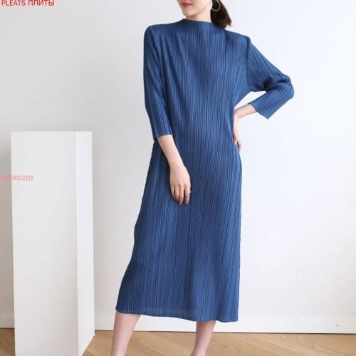 Miyake Pleated Stand Neck Slim Dress Autumn Spring and Summer Pleats Vestido Fashion Shein