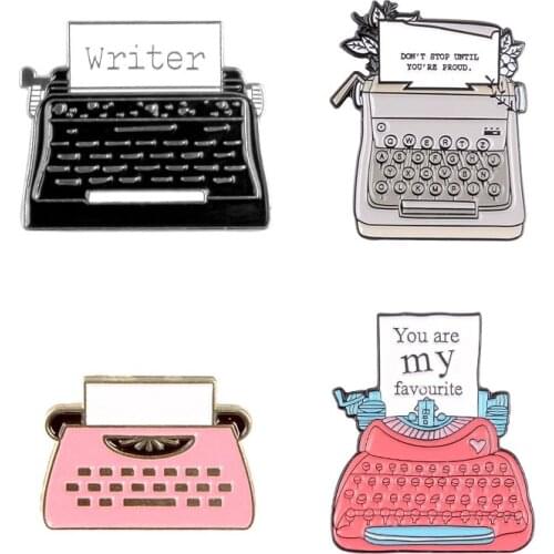 Fashion Retro Typewriter Metal Enamel Brooch Classic Office Supplies Badge Pin Fun Trendy Writer Costume Backpack Jewelry Gift