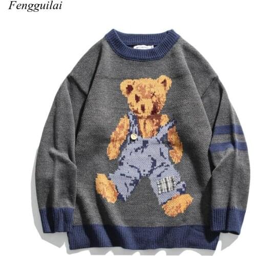 Bear Harajuku Retro Fashion Mens Couple Hong Kong Flavor Bf Cartoon Autumn and Winter Sweater Clothing