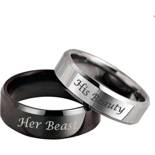 MANGOSKY 6mm IP Black plated color 316L stainless steel HIS BEAUTY and HER BEAST couple rings for lovers