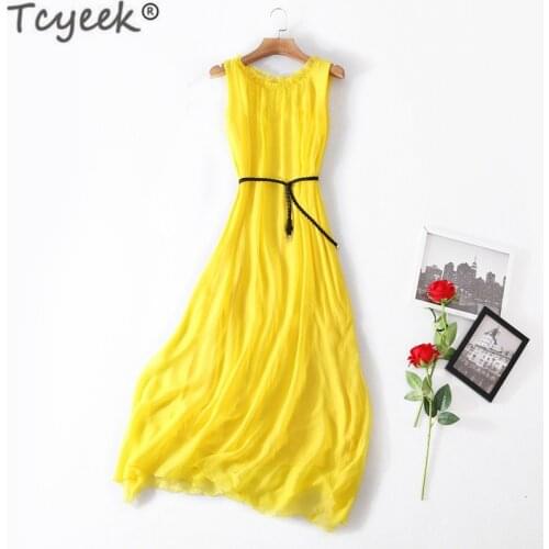 Tcyeek 100% Real Silk Dress Women Sleeveless Long Dress Summer Beach Party Elegant Ladies Dresses Vestidos Verano 2020 LWL1809