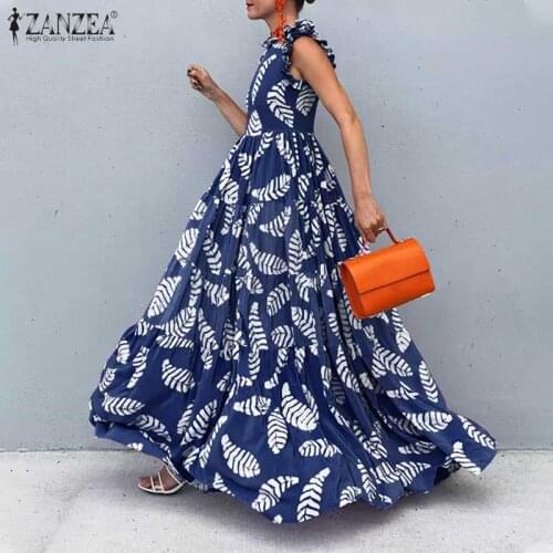 ZANZEA Bohemian Dresses Women 2021 Summer Print Maxi Vestidos Casual Solid Ruffle Sleeveless Sundress Lady Zipper Robe Plus Size
