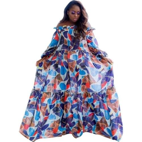 African Maxi Dresses For Women Ruched Slash Neck Robes 2021 New Colors Print Elegant Chic Chiffon African Ruffle Long Dress Gown