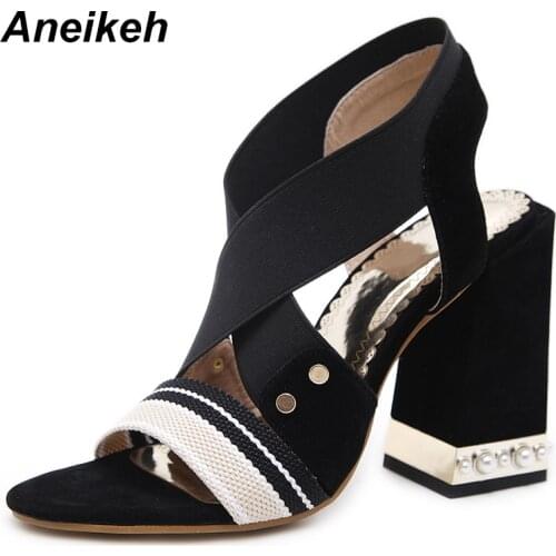 Aneikeh 2021Summer Shoes Stretch Fabric Sandals Lady Square heel Open Party Sewing Elastic Band Back Strap Classics Mixed Colors